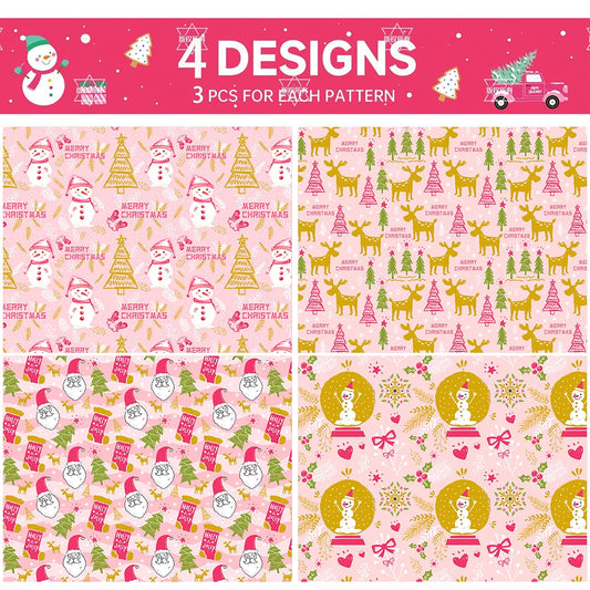 12PCS Pink Christmas Wrapping Paper